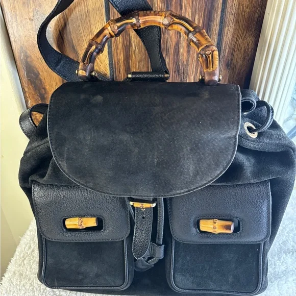 GUCCI Black Leather Suede Bamboo Top Handle Backpack Excellent Condition Black - Picture 3 of 12